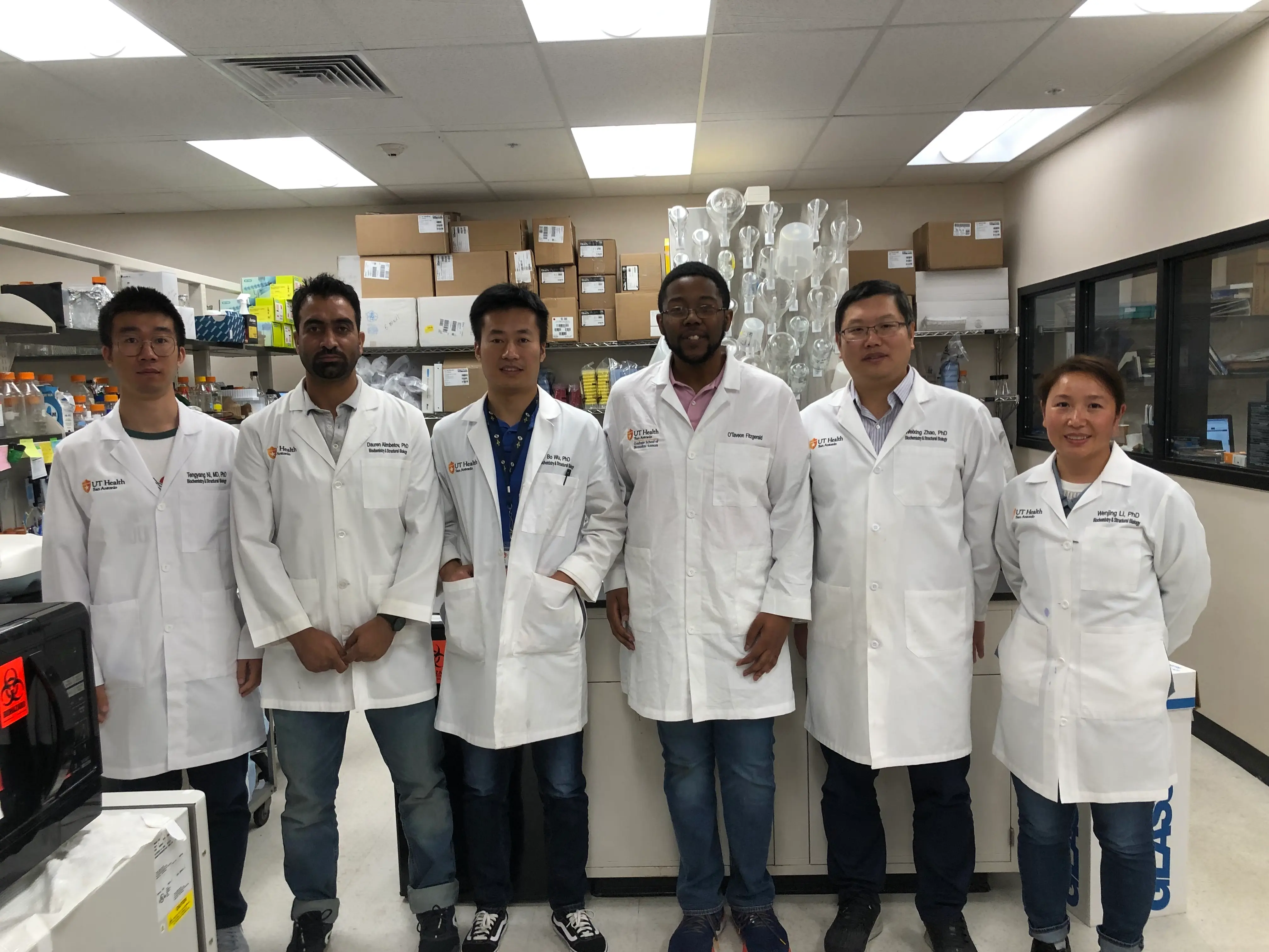 Left to right: Tengyang Ni, Rouf Thakur, Bo Wu, O'Taveon Fitzgerald, Weixing Zhao, and Wenjing Li